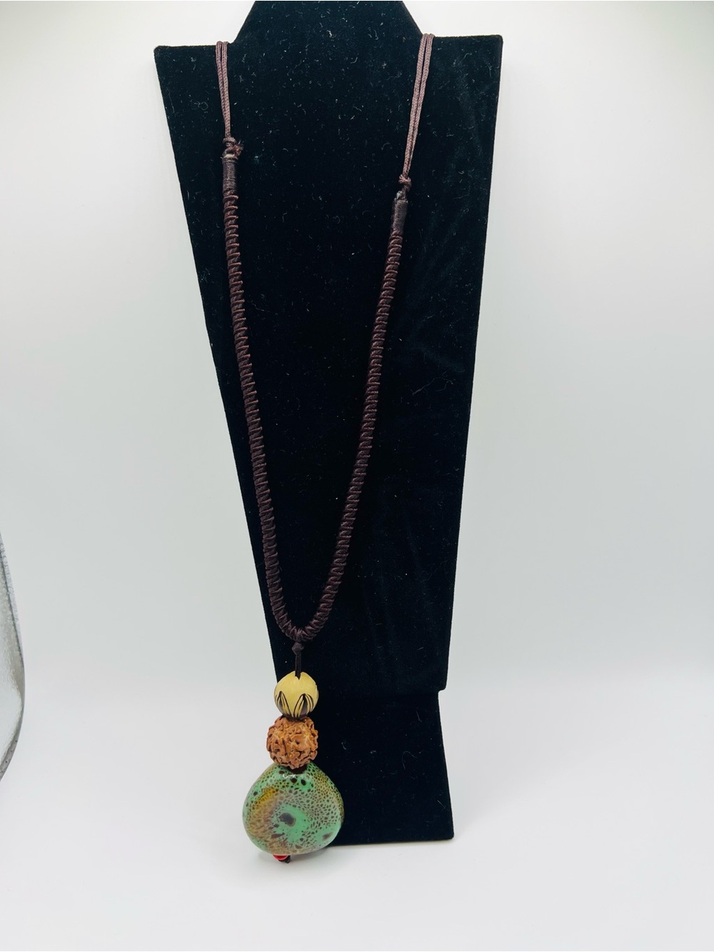 Handcrafted Brown Cord Necklace with Green Ceramic Pendant